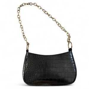 Black faux crocodile embossed shoulder bag with chain